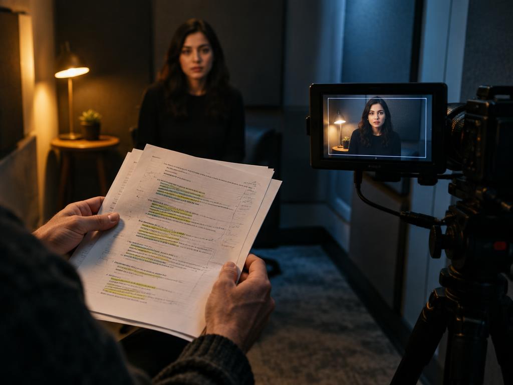 Actor reviewing audition sides beside the camera monitor
