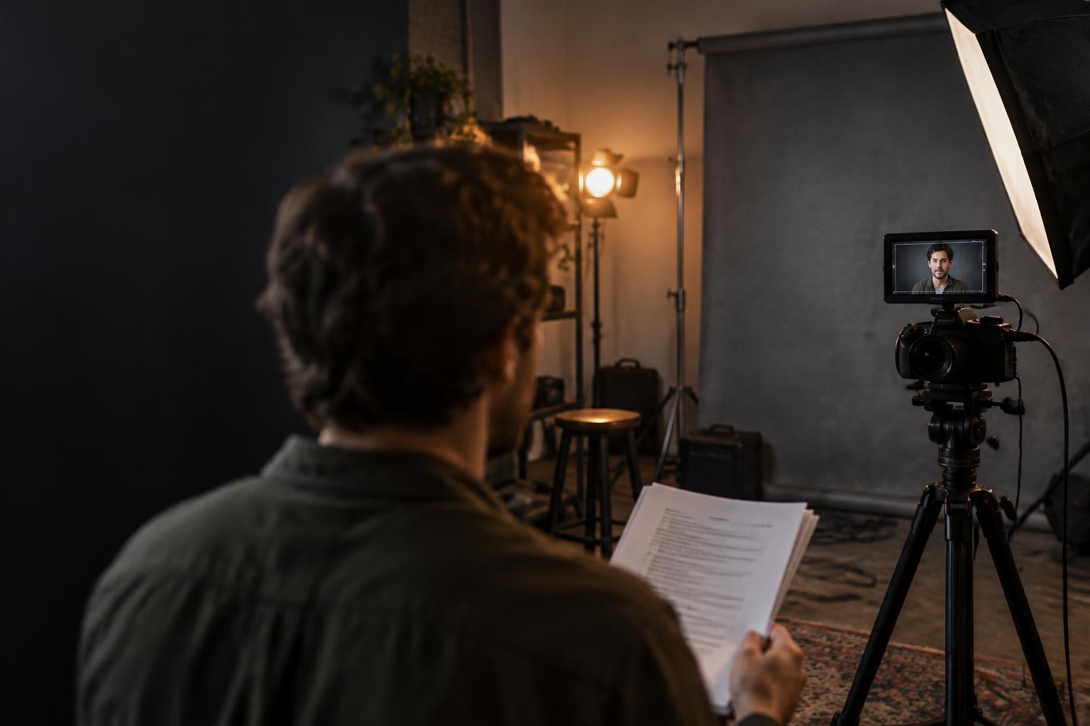 Actor preparing a script in front of the studio camera and lights