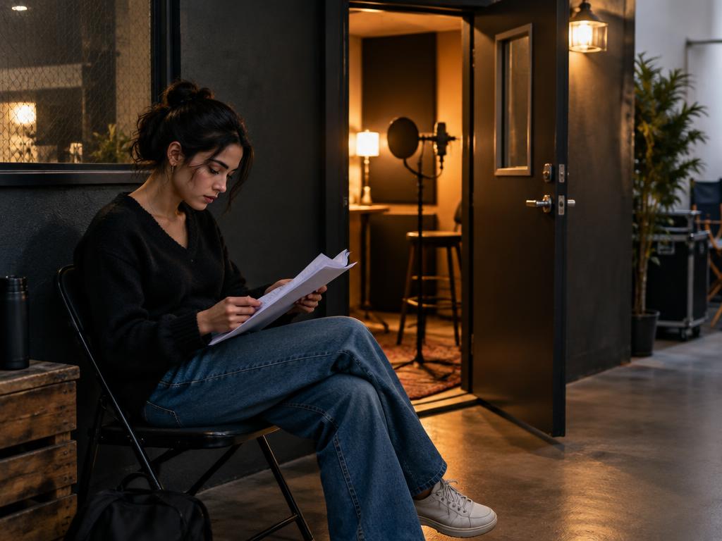 Actor reading audition sides outside the studio booth